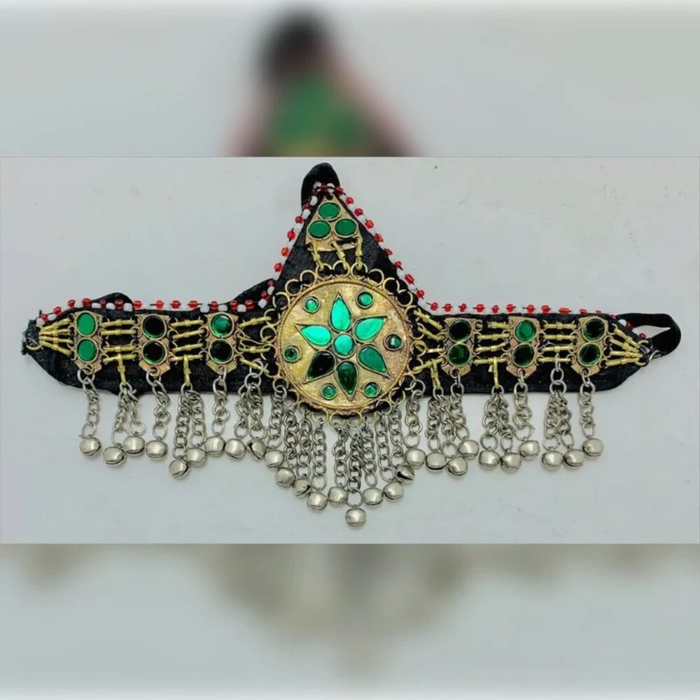Green Kuchi Afghan Matha Patti, Ethnic Hair Jewelry, Afghan Hair Accessories,